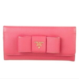 Prada Saffiano Leather Pink Ribbon Gold Long Wallet Guaranteed 100% Authentic